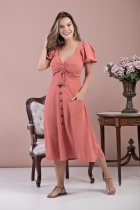 VESTIDO MÍDI KÍMIKA MODELO EVASÊ COM MANDAS BUFANTES LARANJA.
