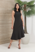 VESTIDO KÍMIKA MÍDI FEITO EM CREPE ALFAIATARIA PRETO.