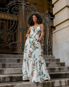 VESTIDO LONGO KÍMIKA COM FENDA ESTAMPADO VERDE.