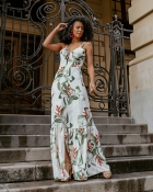 VESTIDO LONGO KÍMIKA COM FENDA ESTAMPADO VERDE.