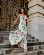 VESTIDO LONGO KÍMIKA COM FENDA ESTAMPADO VERDE.
