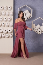 VESTIDO LONGO KÍMIKA EM CREPE FLUÍDO VINHO.