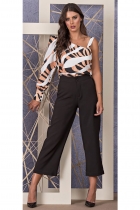 CONJUNTO KÍMIKA CALÇA PANTACOURT PRETO E BLUSA UM OMBRO SÓ ESTAMPA EXCLUSIVA 08907.