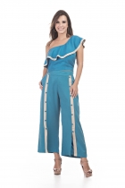 CONJUNTO KÍMIKA CALÇA PANTACOURT E BLUSA OMBRO SÓ AZUL.