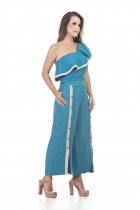 CONJUNTO KÍMIKA CALÇA PANTACOURT E BLUSA OMBRO SÓ AZUL.