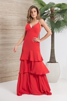 VESTIDO KÍMIKA LONGO EM CREPE FLUÍDO CORAL.