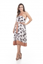 VESTIDO MÍDI KÍMIKA SOLTO ESTAMPADO COM CINTO DE TECIDO LARANJA.