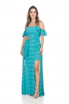 VESTIDO KÍMIKA LONGO COM FENDA EM CREPE AZUL.