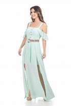 VESTIDO KÍMIKA LONGO COM FENDA EM CREPE AZUL.