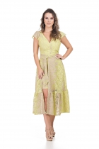 VESTIDO KIMIKA CURTO AMARELO COM RENDA E SAIA DE SOBREPOSIÇÃO MIDI .