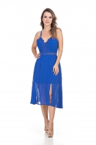 VESTIDO KÍMIKA MÍDI CREPE AZUL.