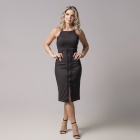 VESTIDO MÍDI KÍMIKA COM FENDA E COSTAS CRUZADAS PRETO. 