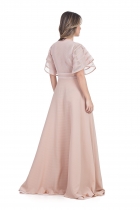 VESTIDO LONGO KÍMIKA FEITO EM CREPE DE SEDA E TELAS ROSE.