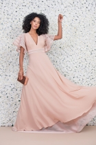 VESTIDO LONGO KÍMIKA FEITO EM CREPE DE SEDA E TELAS ROSE.