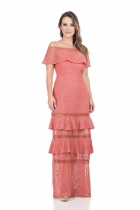 VESTIDO KÍMIKA LONGO EM RENDA COM DETALHE NA SAIA LARANJA.