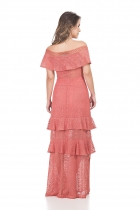 VESTIDO KÍMIKA LONGO EM RENDA COM DETALHE NA SAIA LARANJA.