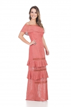 VESTIDO KÍMIKA LONGO EM RENDA COM DETALHE NA SAIA LARANJA.