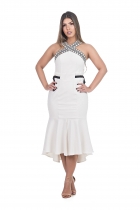 VESTIDO KÍMIKA MÍDI EM BENGALINE LISTRADO.