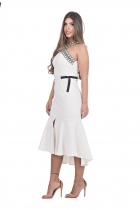 VESTIDO KÍMIKA MÍDI EM BENGALINE LISTRADO.