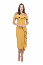 VESTIDO KÍMIKA MIDÍ EM CREPE ALFAIATARIA MOSTARDA.