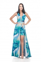 VESTIDO KÍMIKA LONGO COM FENDA ESTAMPA EXCLUSIVA AZUL.