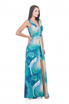 VESTIDO KÍMIKA LONGO COM FENDA ESTAMPA EXCLUSIVA AZUL.