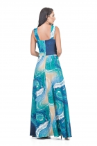 VESTIDO KÍMIKA LONGO COM FENDA ESTAMPA EXCLUSIVA AZUL.
