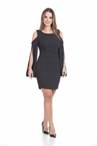 VESTIDO CURTO KIMIKA EM CREPE MONTARIA COM MANGA ELABORADA PRETO.