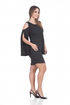 VESTIDO CURTO KIMIKA EM CREPE MONTARIA COM MANGA ELABORADA PRETO.