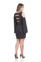 VESTIDO CURTO KIMIKA EM CREPE MONTARIA COM MANGA ELABORADA PRETO.