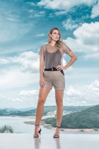 CONJUNTO KIMIKA SHORT E BLUSA EM TELA COM SOBREPOSIÇÃO MARROM