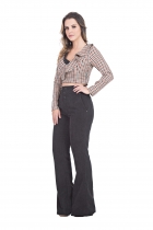 CONJUNTO KÍMIKA CALÇA VELUDO E CROPPED XADREZ PRETO.