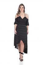 VESTIDO KÍMIKA MIDI E MANGAS COM OMBRO AMOSTRA PRETO.