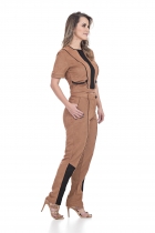 CONJUNTO KÍMIKA SUEDE CALÇA E BLUSA CROPPED BICOLOR MARROM.