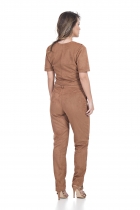 CONJUNTO KÍMIKA SUEDE CALÇA E BLUSA CROPPED BICOLOR MARROM.