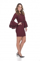 VESTIDO CURTO KÍMIKA COM MANGA BABADOS VINHO.