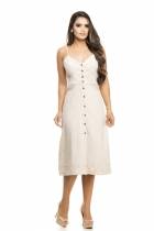 Vestido Midi Kímika Com Detalhe Abertura Cintura Bege.