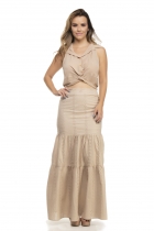 Conjunto Longo Kímika Saia Longa Lese Modelo Sereia E Cropped Bege.