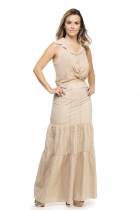 Conjunto Longo Kímika Saia Longa Lese Modelo Sereia E Cropped Bege.
