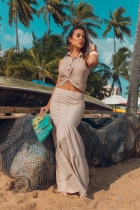 Conjunto Longo Kímika Saia Longa Lese Modelo Sereia E Cropped Bege.