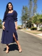 VESTIDO MÍDI KÍMIKA MONOCROMÁTICO EM LINHO COM ELASTANO AZUL