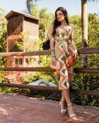 VESTIDO MÍDI KÍMIKA EM CREPE ALFAIATARIA ESTAMPADO LARANJA