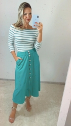 CONJUNTO KÍMIKA SAIA MÍDI LISA E BLUSA LISTRADA VERDE.