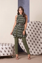 CONJUNTO KÍMIKA DE CALÇA + BLUSA LONG COM LISTRAS VERDE