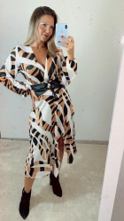 VESTIDO MÍDI KÍMIKA EM CREPE ESTAMPA EXCLUSIVA.