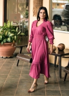 VESTIDO MÍDI KÍMIKA EM CREPE TEXTURIZADO MONOCROMÁTICO PINK