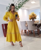 VESTIDO MÍDI KÍMIKA EM CREPE TEXTURIZADO MONOCROMÁTICO AMARELO