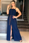 VESTIDO LONGO KÍMIKA EM CREPE FLUÍDO AZUL MARINHO