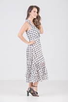 VESTIDO MÍDI KÍMIKA COM TOQUE DE SEDA DEVORÊ ESTAMPADO BEGE.