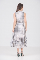 VESTIDO MÍDI KÍMIKA COM TOQUE DE SEDA DEVORÊ ESTAMPADO BEGE.